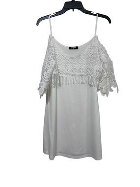 ChicMe White Lace Cold Shoulder Crochet Fringe Mini/Midi Dress Medium